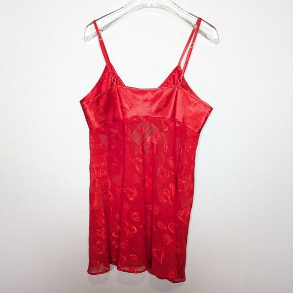 Vintage Y2K Red Satin Heart Pattern Semi Sheer Cami Top Sleeveless Bow Size L - Picture 2 of 11